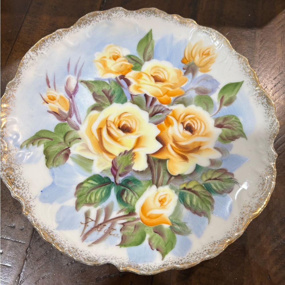 Vintage signed Hand-Painted Floral Decorative Plate — Yellow Rose Motif